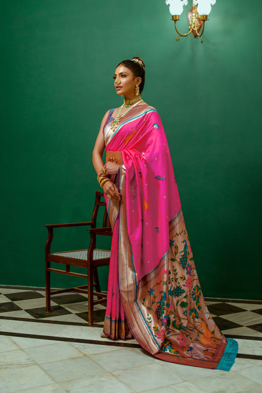 Vsaree Rani Pink Soft Paithani Silk Saree with Rich Pallu Contras Border And Blouse Piece For Women