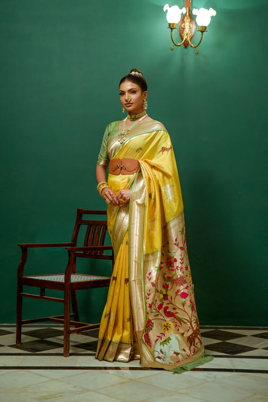 Vsaree Yellow Soft Paithani Silk Saree with Rich Pallu Contras Border And Blouse Piece For Women