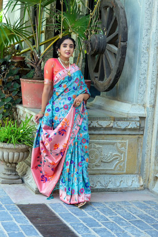 Vsaree Rama Soft Banarasi Silk Paithani Saree with Zari Weaving Pattern With Contrast Border And Rich Pallu With Contrast Blouse