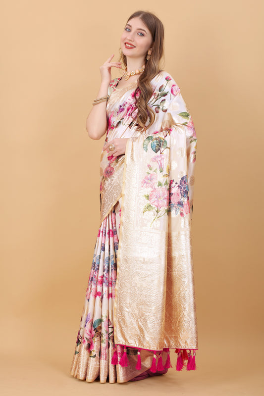 Vsaree Peach Nylon Silk And Zari weaving Saree With Designer Border And Blouse