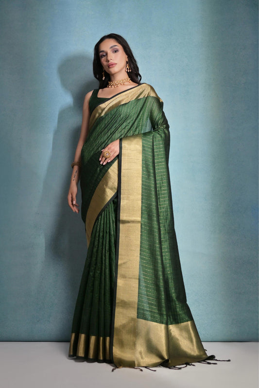 Vsaree Green Raw Silk Saree With Linning Pattern With Zari Border And Zari Pallu With Blouse