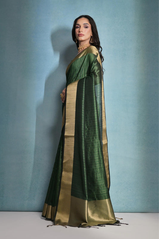 Vsaree Green Raw Silk Saree With Linning Pattern With Zari Border And Zari Pallu With Blouse