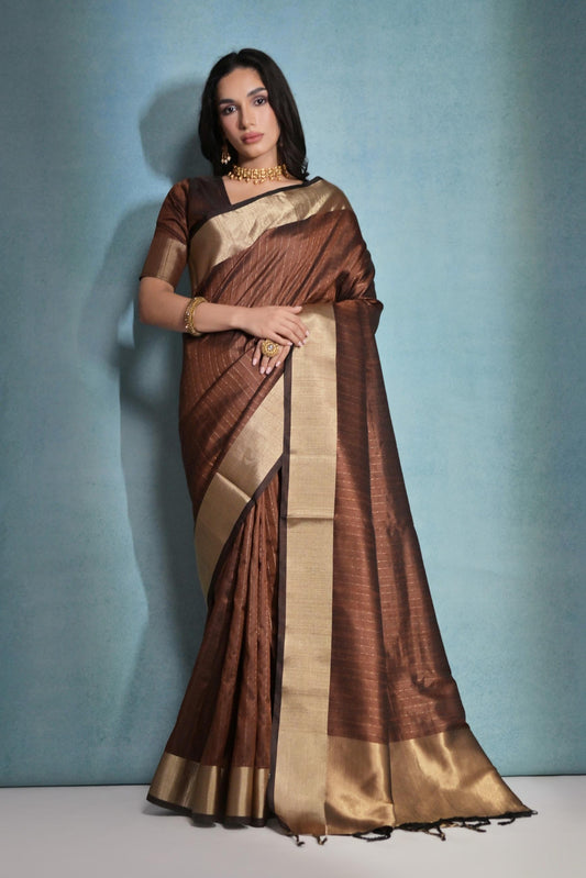 Vsaree Coffee Raw Silk Saree With Linning Pattern With Zari Border And Zari Pallu With Blouse