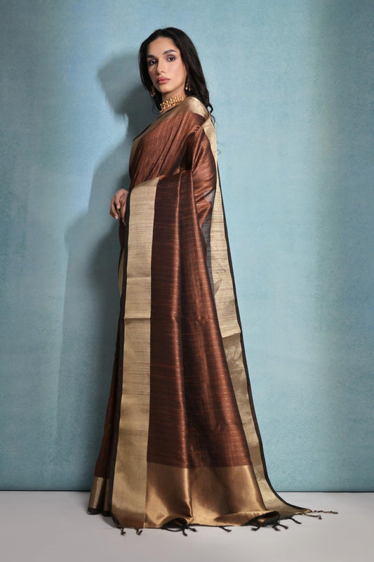 Vsaree Coffee Raw Silk Saree With Linning Pattern With Zari Border And Zari Pallu With Blouse