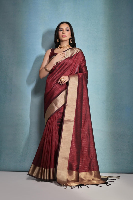 Vsaree Maroon Raw Silk Saree With Linning Pattern With Zari Border And Zari Pallu With Blouse