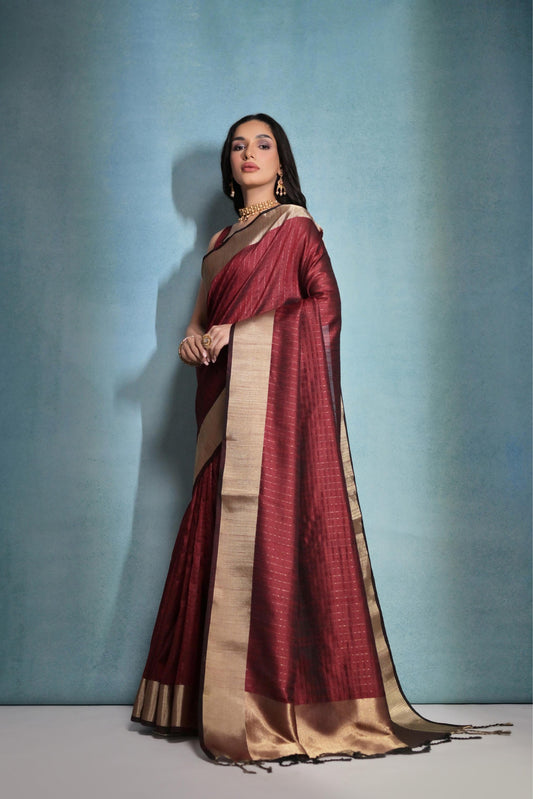 Vsaree Maroon Raw Silk Saree With Linning Pattern With Zari Border And Zari Pallu With Blouse