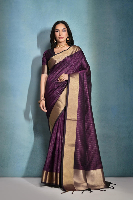 Vsaree Wine Raw Silk Saree With Linning Pattern With Zari Border And Zari Pallu With Blouse