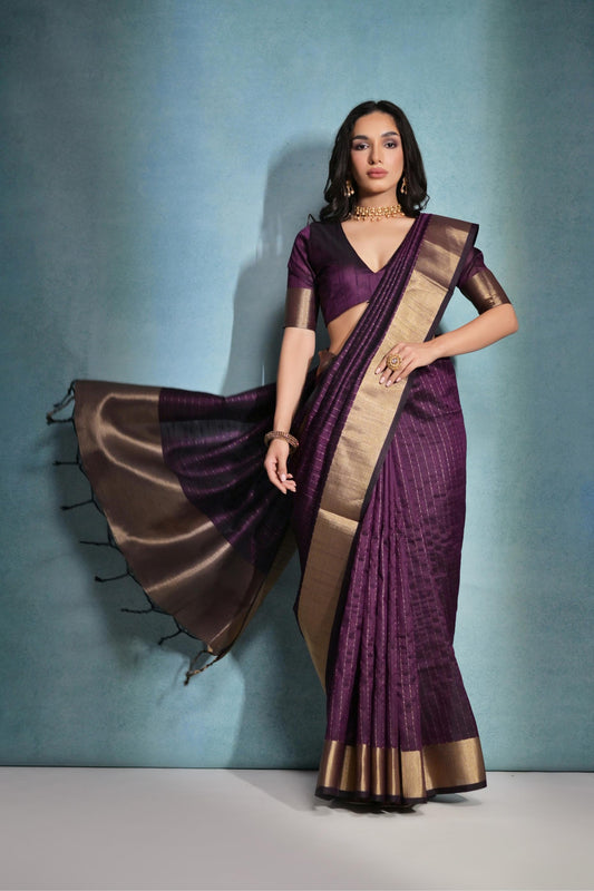 Vsaree Wine Raw Silk Saree With Linning Pattern With Zari Border And Zari Pallu With Blouse