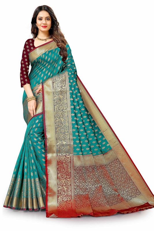 Women's Golden Butti Zari Weaving Banarasi Silk Saree With Customize Blouse Piece