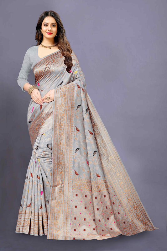 Grey Color Bird Floral Design Banarasi Silk Saree With Fancy Blouse