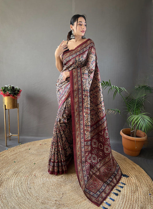 Designer Cotton Silk And Printed Zari Weaving Border Saree With Woven Rich Pallu And Blouse
