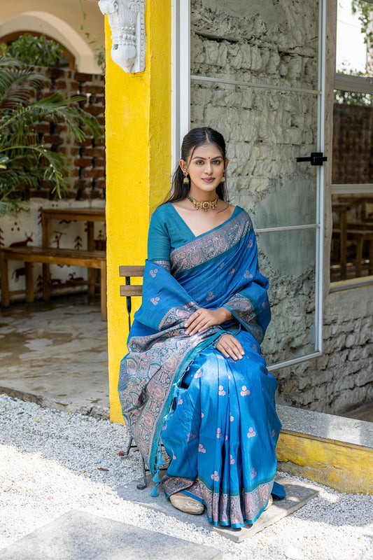 Vsaree Firozi Raw Silk Saree With All Over Weaving Butties And Zari Weaving pallu And Blouse