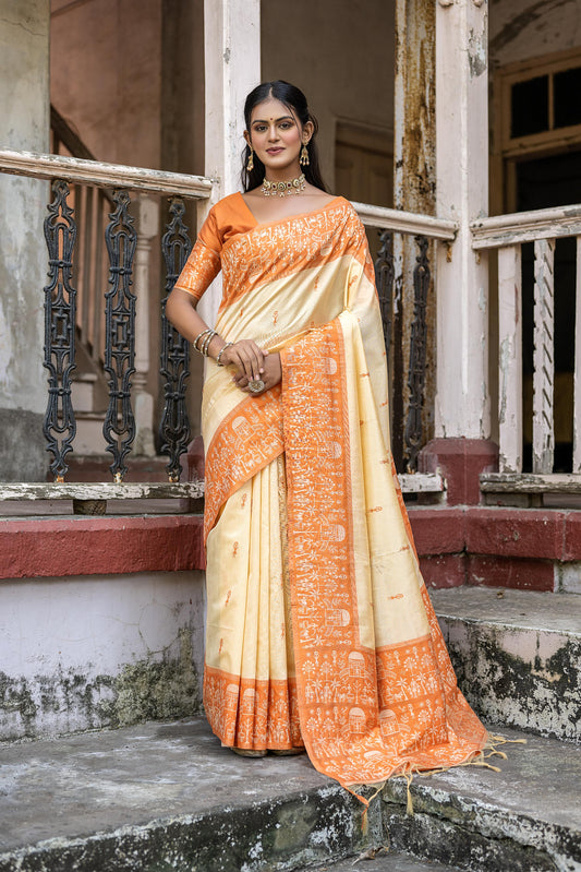 Vsaree Orange Raw Silk Saree With All over weaving Butties And weving pallu and Blouse
