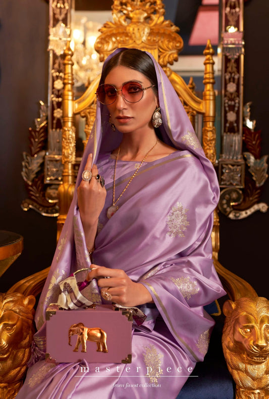 Designer Party Wear Golden Zari Weaving Overall Flower Design Satin Silk Saree With Heavy Blouse