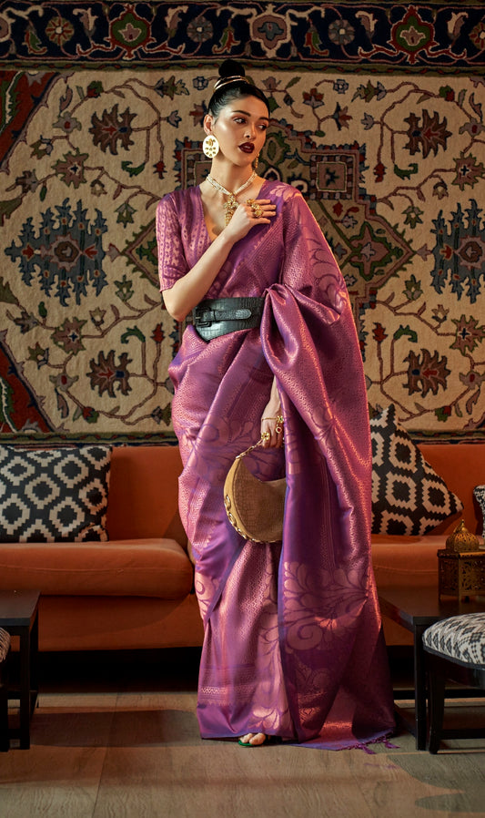 Kanchipuram Silk Traditional Flower Copper Zari Weaving Border Saree With Designer Pallu And Zari Weaving Blouse