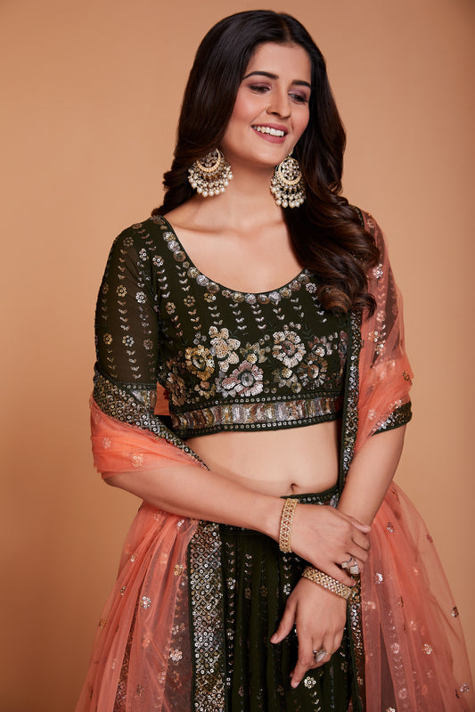 ملابس جورجيت خضراء للسيدات مع الترتر والتطريز، ملابس حفلات العمل، LEHENGA CHOLI