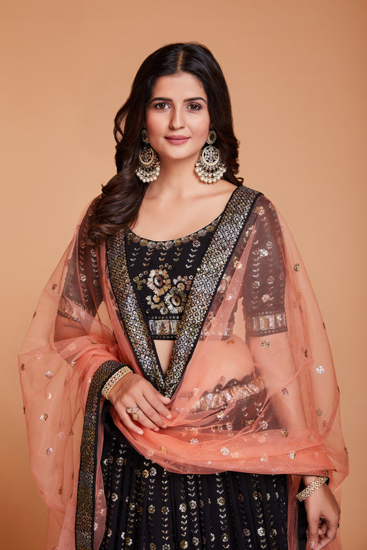 ملابس جورجيت سوداء للسيدات مع الترتر والتطريز، ملابس حفلات العمل، LEHENGA CHOLI