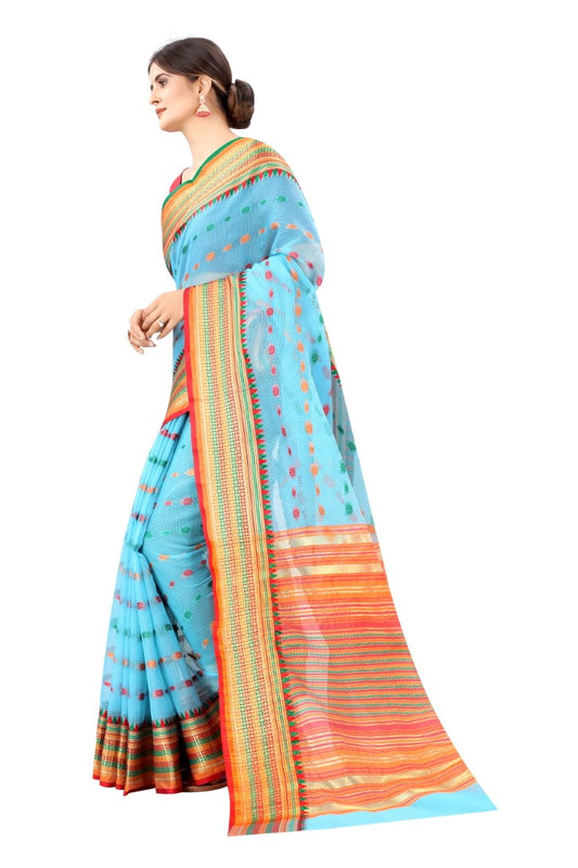 ساري نسائي من مزيج قطن فيروزي من قماش الجاكار بزخارف عرقية متعدد الألوان وحدود زاري وبالو مانيبوري مع قطعة بلوزة للجري