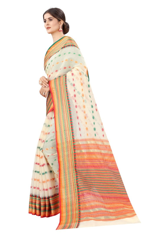 ساري نسائي من مزيج القطن الأبيض من قماش الجاكار بزخارف عرقية متعدد الألوان وحدود زاري وبالو مانيبوري مع قطعة بلوزة للجري