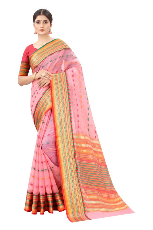 ساري نسائي من مزيج القطن الوردي من الجاكار بزخارف عرقية متعدد الألوان بحدود زاري وبالو مانيبوري مع قطعة بلوزة للجري