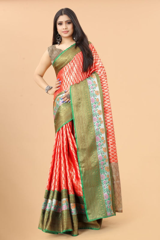 Women's Peach Kota Blend Jacquard Multicolor Zari Border And Pallu With Running Blouse Piece