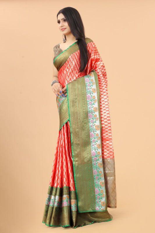 Women's Peach Kota Blend Jacquard Multicolor Zari Border And Pallu With Running Blouse Piece
