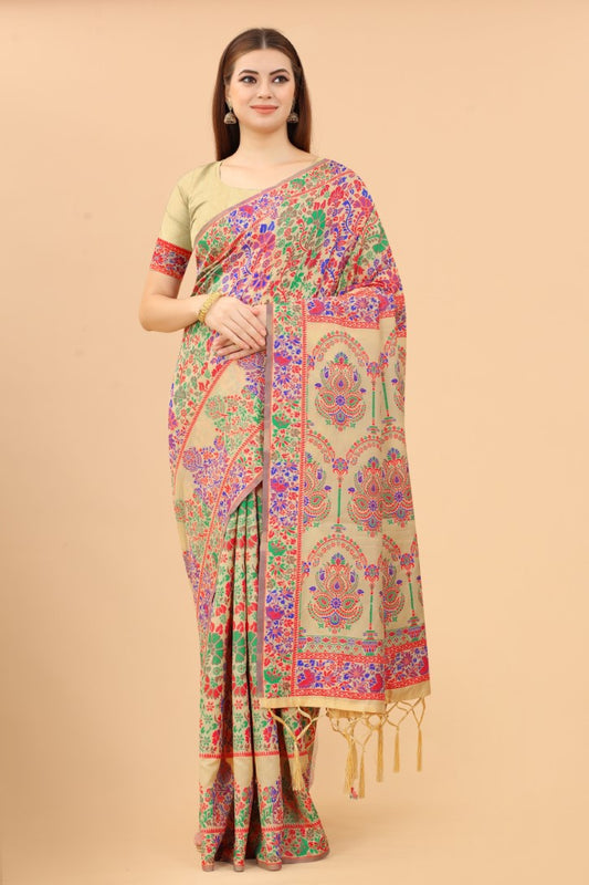 ساري نسائي بلون كريمي مع الساري القطني Zari Kalamkari الذهبي مع قطعة بلوزة مخصصة