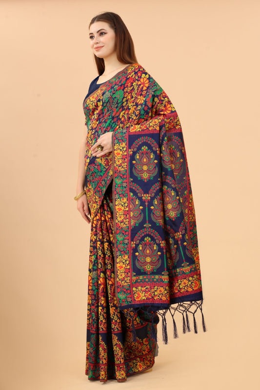 ساري نسائي من القطن باللون الأزرق الداكن مع الساري القطني Zari Kalamkari الذهبي مع قطعة بلوزة مخصصة