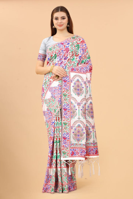 ساري نسائي أبيض اللون مع الساري القطني Zari Kalamkari الذهبي مع قطعة بلوزة مخصصة