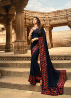 Vsaree Dark Blue Georgette Printed Saree And Designer Border With Georgette Bouse For Women