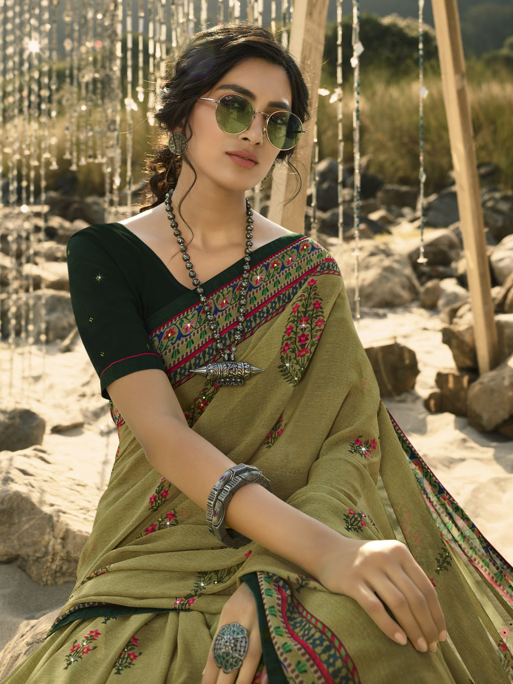 Vsaree Mehendi Banglori Flower Printed Pallu Saree With Banglori Blouse For Women