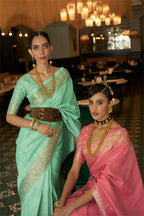 Wedding Wear Traditional Flower Golden Zari Weaving Border Saree With Zari Weaving Butti Design Blouse