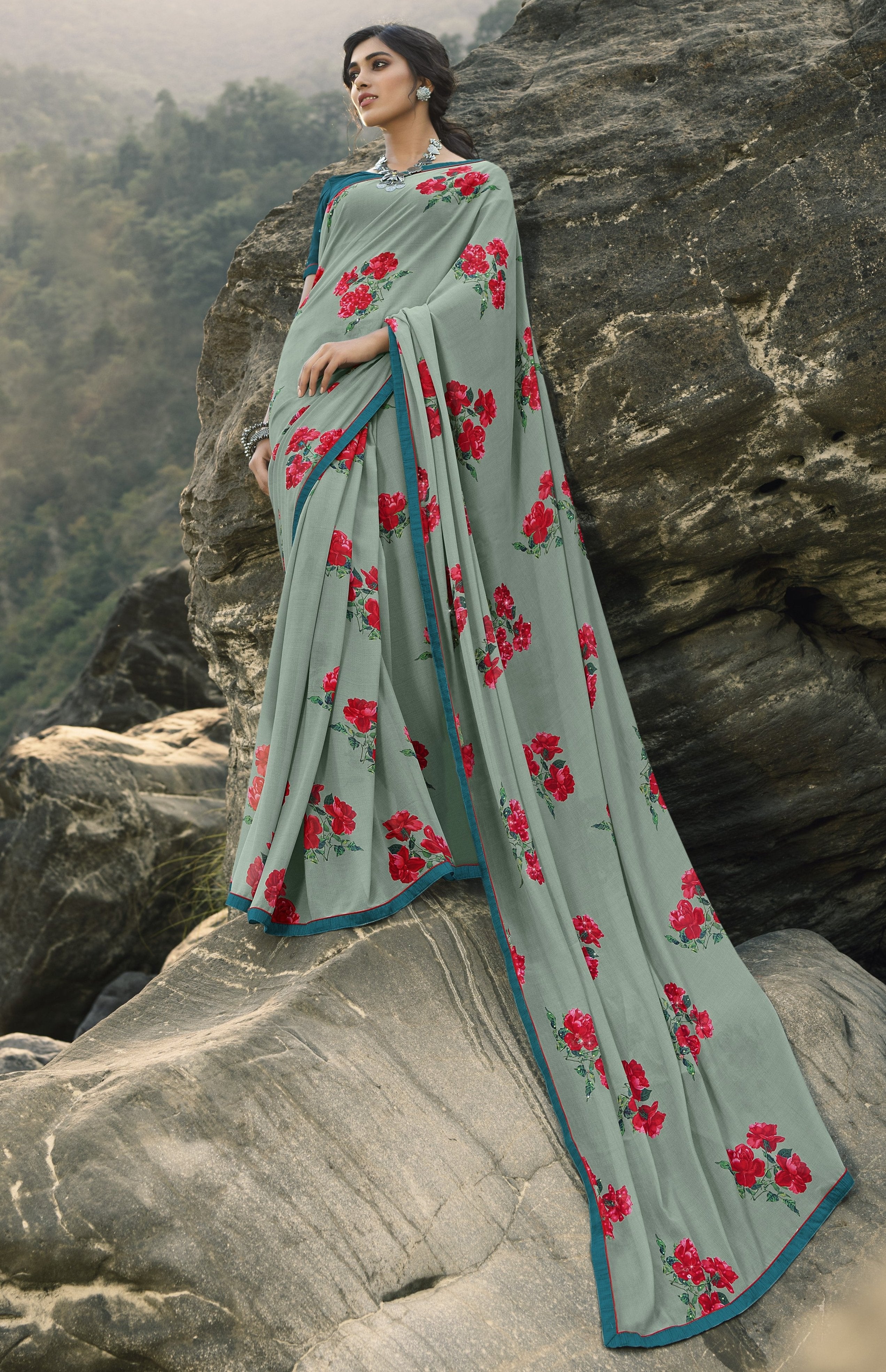 Vsaree Grey Banglori Flower Printed Pallu Saree With Banglori Blouse For Women
