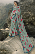 Vsaree Grey Banglori Flower Printed Pallu Saree With Banglori Blouse For Women