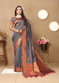 Vsaree Dark Grey Soft Silk Saree With Heavy Rich Pallu And Zari Weaving Work With Blouse