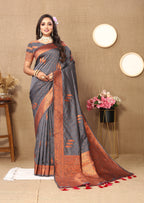 Vsaree Dark Grey Soft Silk Saree With Heavy Rich Pallu And Zari Weaving Work With Blouse