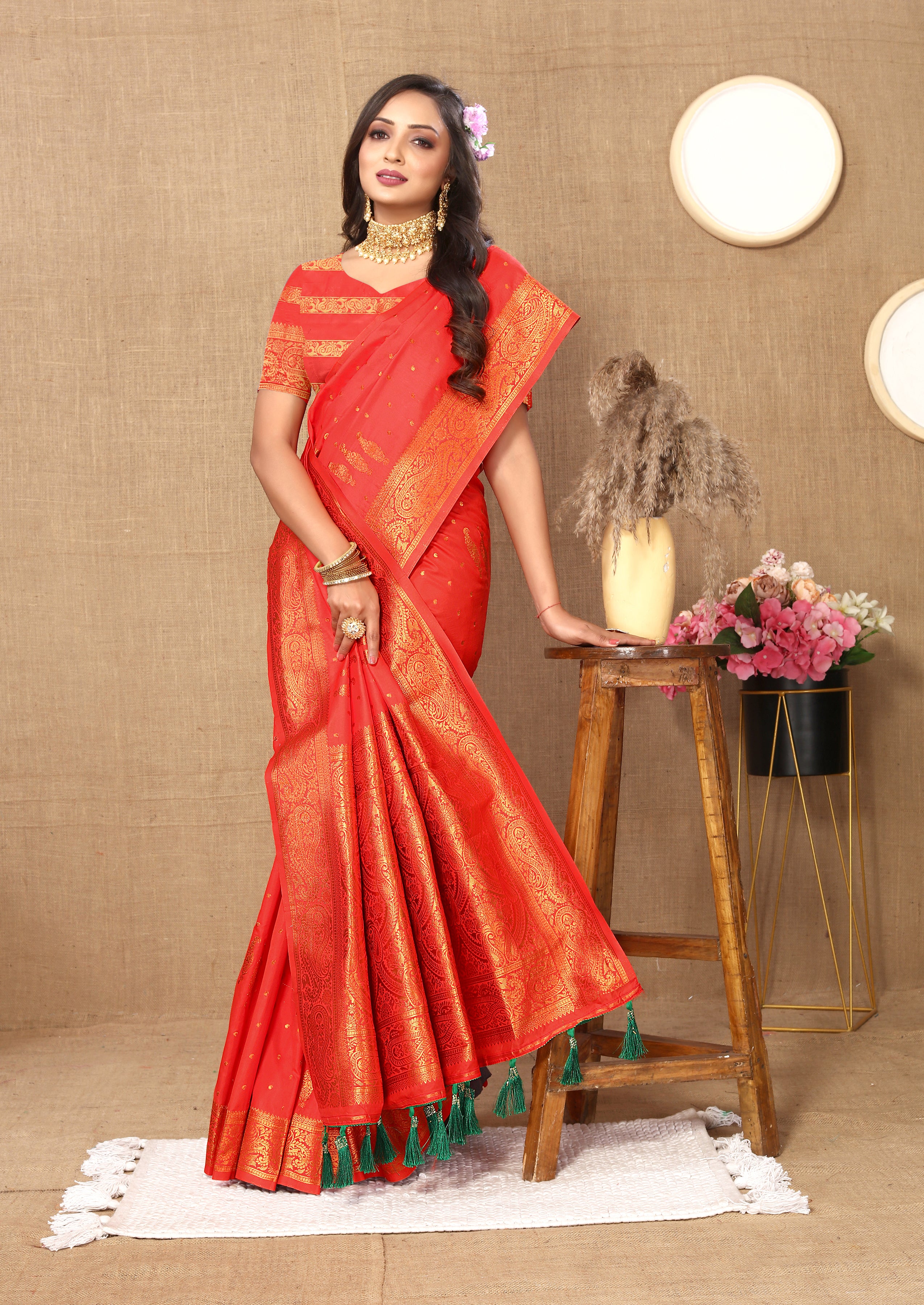 Vsaree Orange Soft Silk SareeWith Heavy Rich Pallu And Zari Weaving Work With Blouse