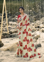 Vsaree Red Banglori Flower Printed Pallu Saree With Banglori Blouse For Women