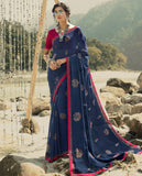 Vsaree Dark Blue Banglori Flower Printed Pallu Saree With Banglori Blouse For Women
