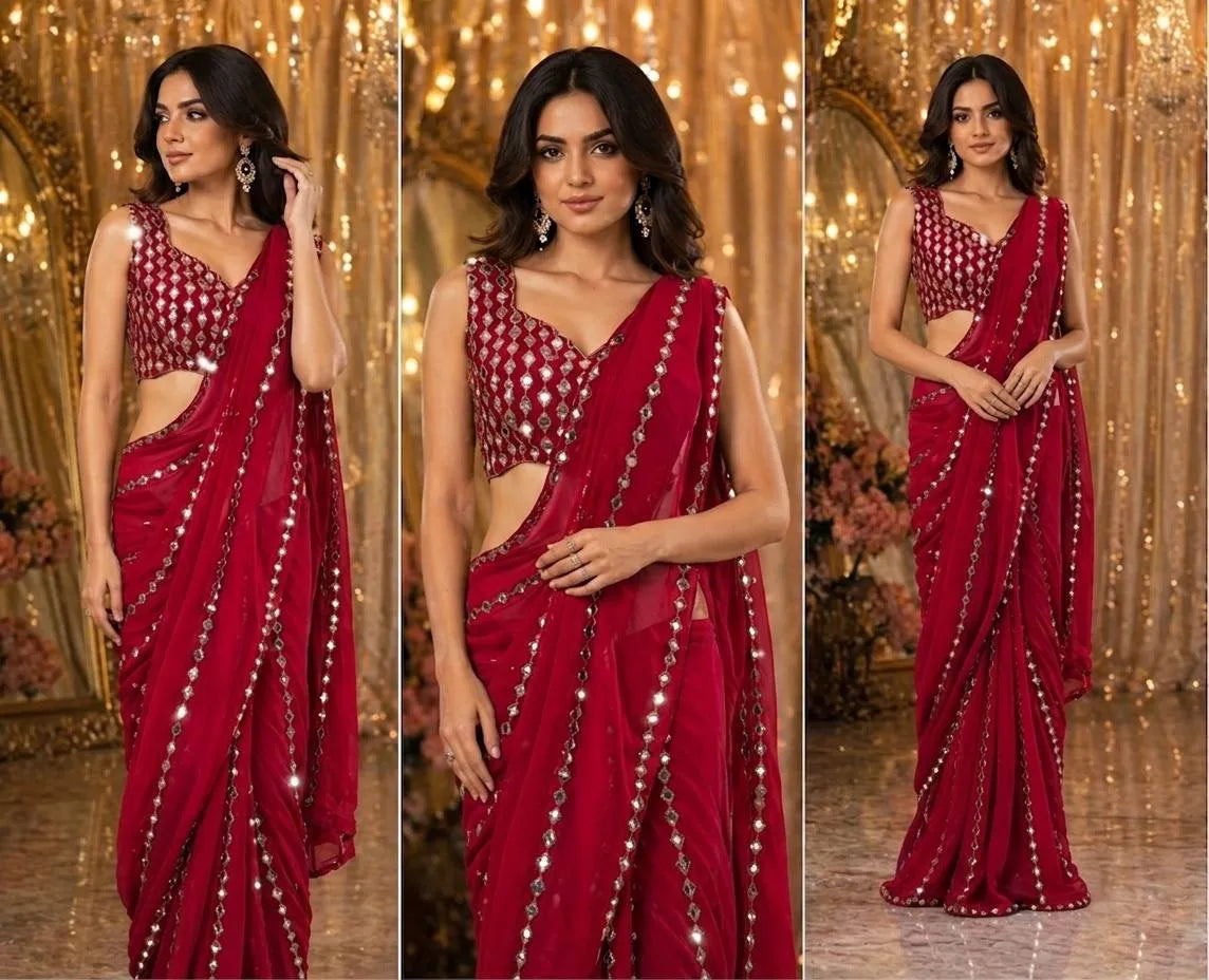 Faux Georgette Real Mirror Work Saree Embroidery Sequins Real Mirror Work