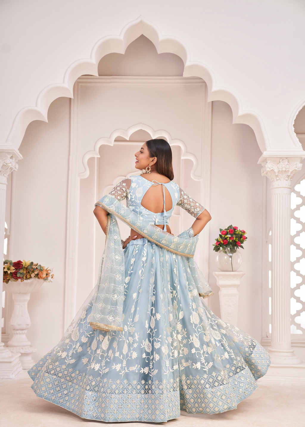 WOMEN'S SKY BLUE BUTTERFLY NET EMBROIDERED THREAD WORK FESTIVALS LEHENGA CHOLI