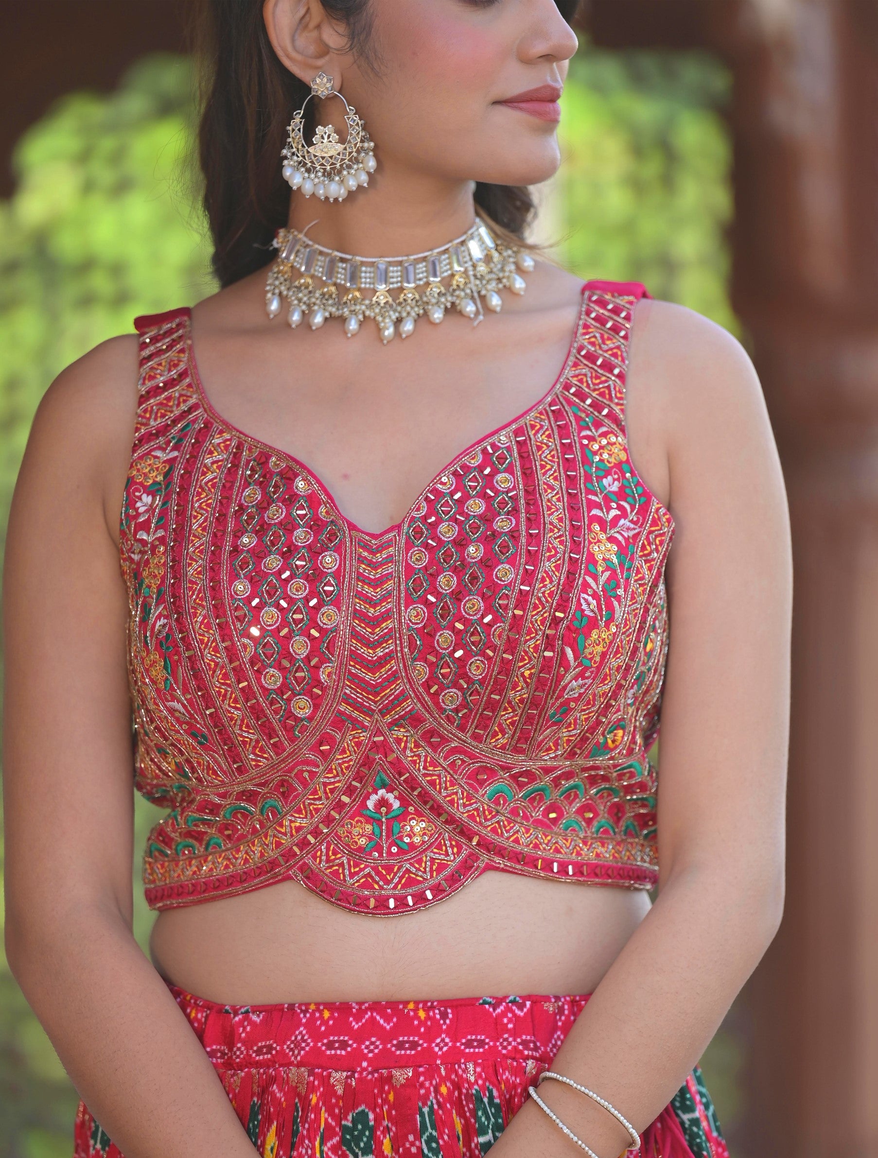 WOMEN'S PINK PATOLA AND BANDHANI PRINT WITH HANDWORK LEHENGA CHOLI