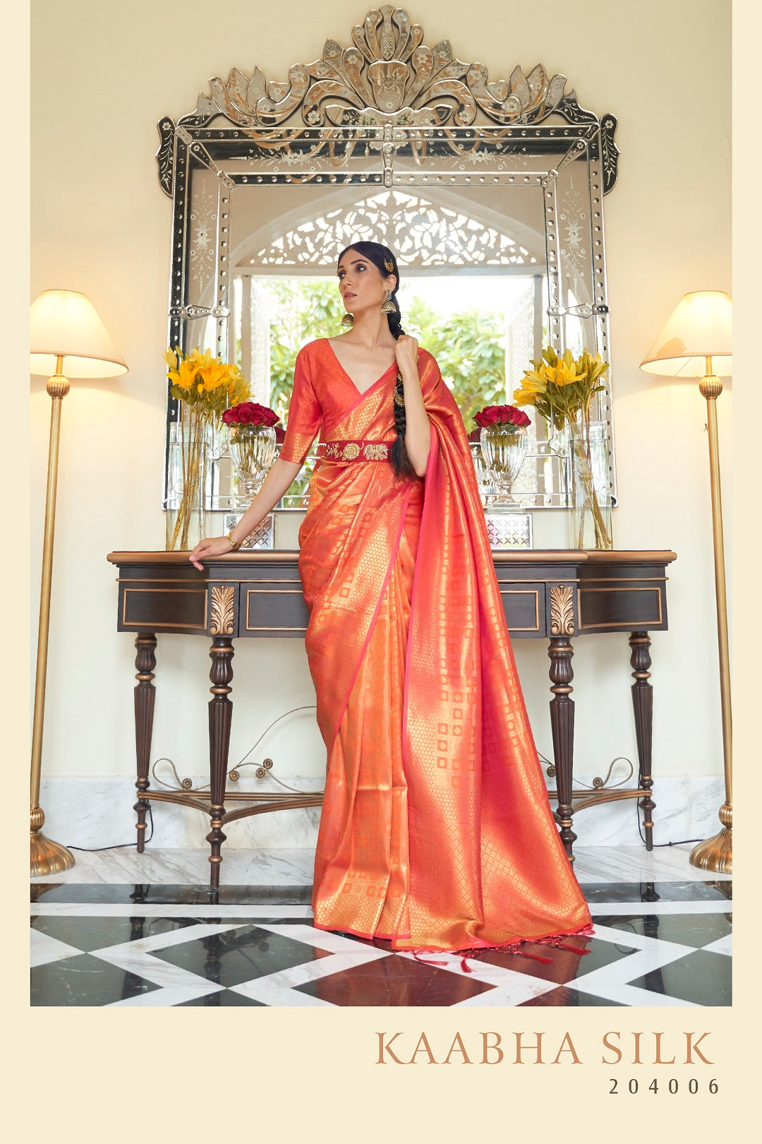 Designer Copper  Zari Weaving Orange Color  Banarasi Silk Saree With Heavy Blouse