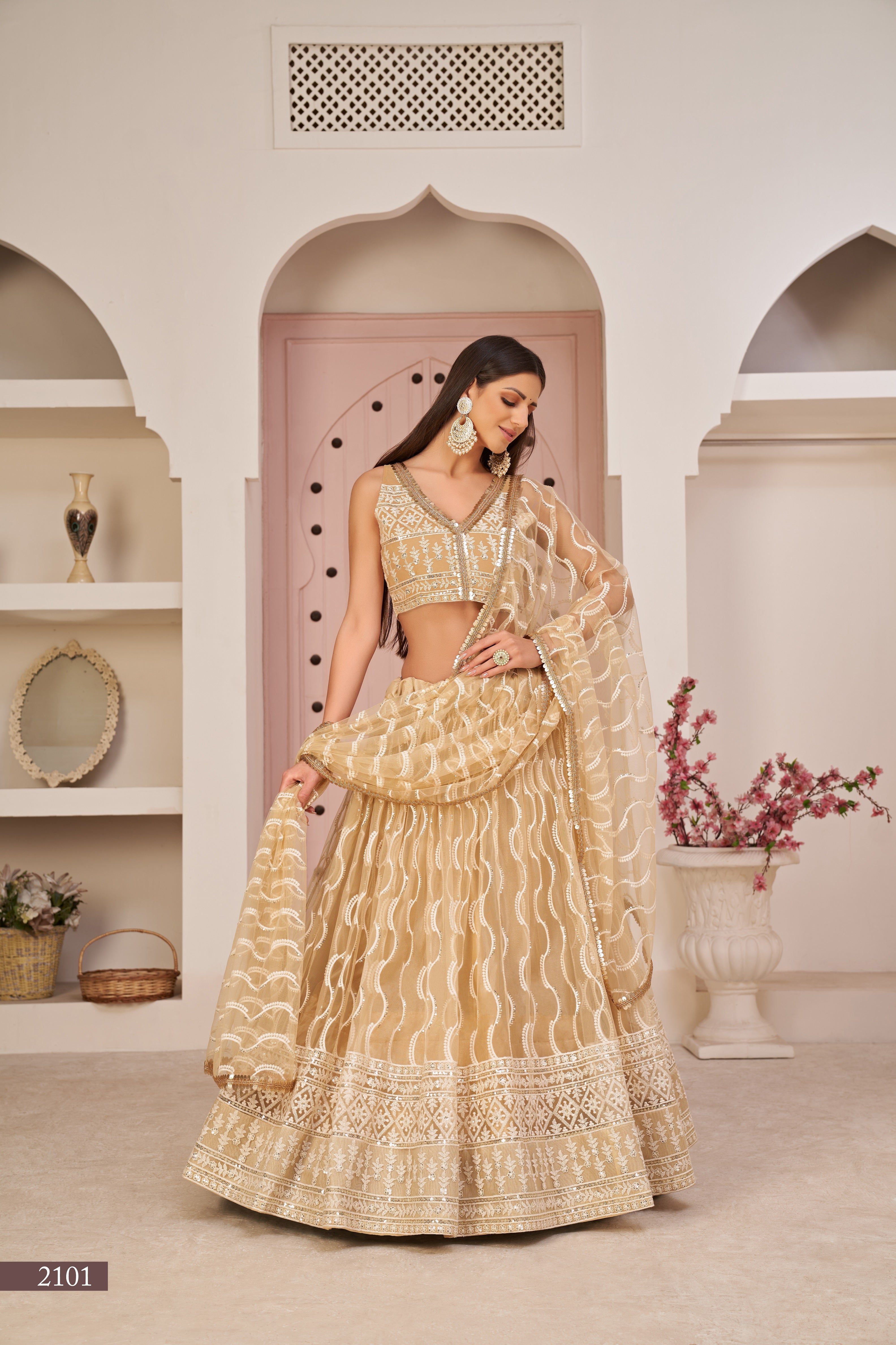 WOMEN'S BEIGE BUTTERFLY NET THREAD EMBROIDERED WORK DESIGNER LEHENGA CHOLI