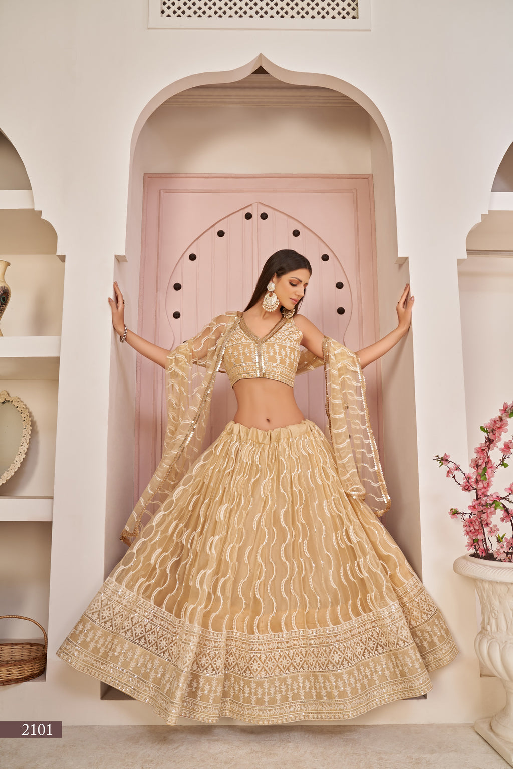 WOMEN'S BEIGE BUTTERFLY NET THREAD EMBROIDERED WORK DESIGNER LEHENGA CHOLI
