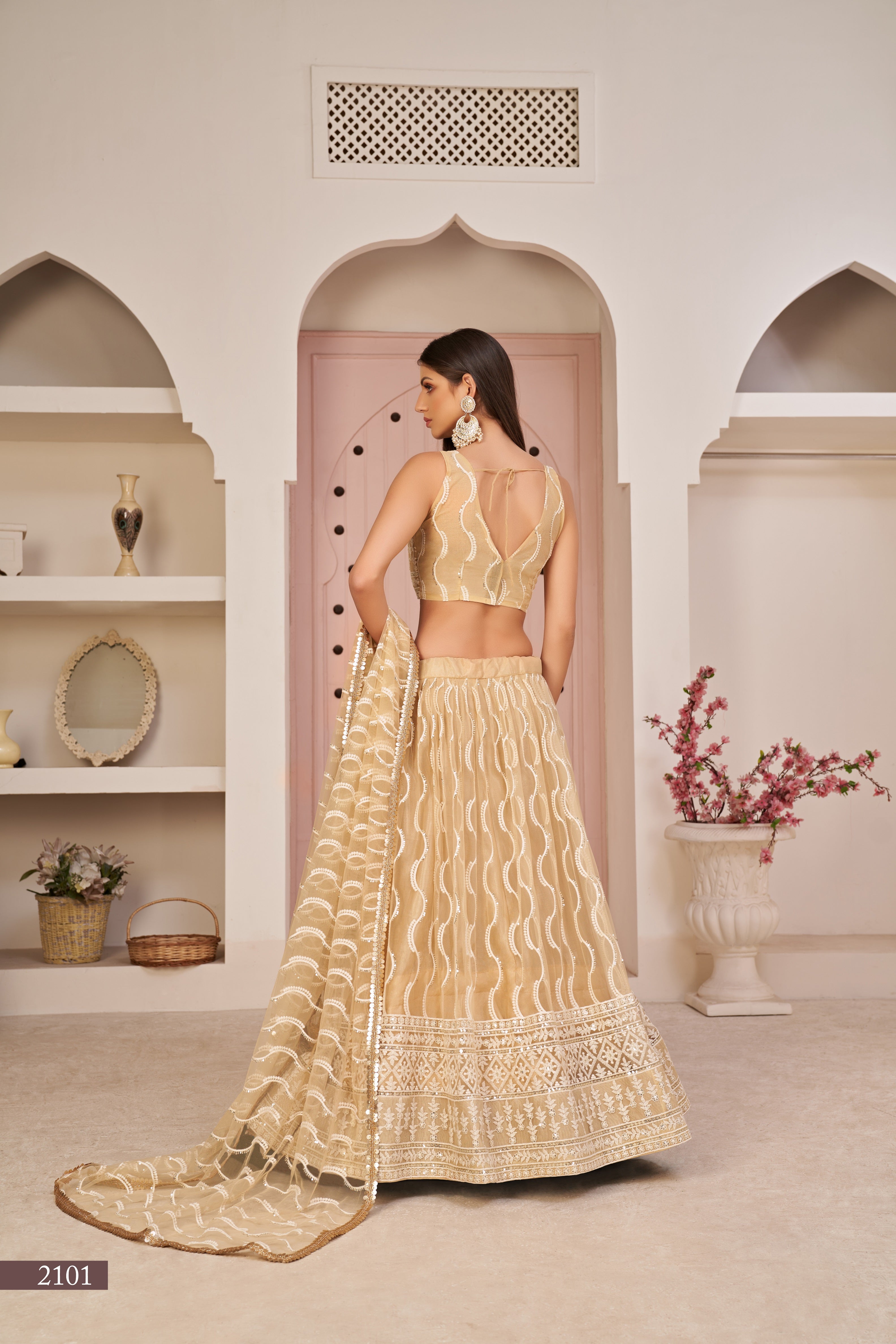 WOMEN'S BEIGE BUTTERFLY NET THREAD EMBROIDERED WORK DESIGNER LEHENGA CHOLI