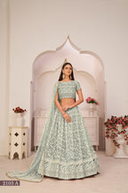 WOMEN'S GREEN BUTTERFLY NET EMBROIDERED THREAD WORK PARTY WEAR LEHENGA CHOLI