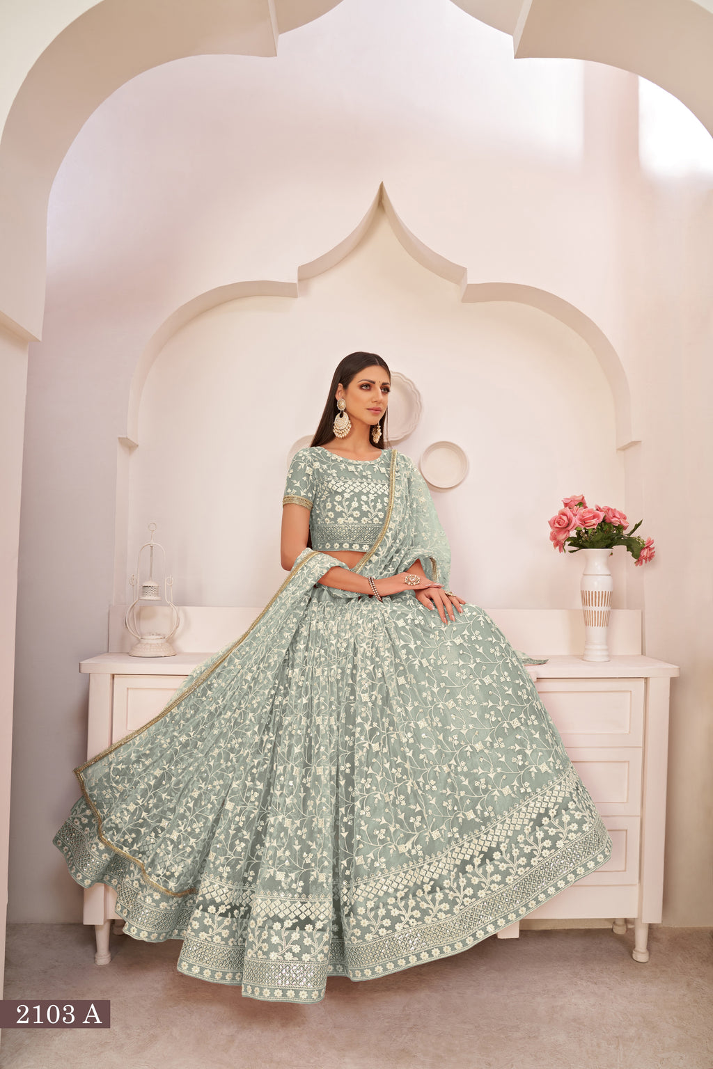 WOMEN'S GREEN BUTTERFLY NET EMBROIDERED THREAD WORK PARTY WEAR LEHENGA CHOLI
