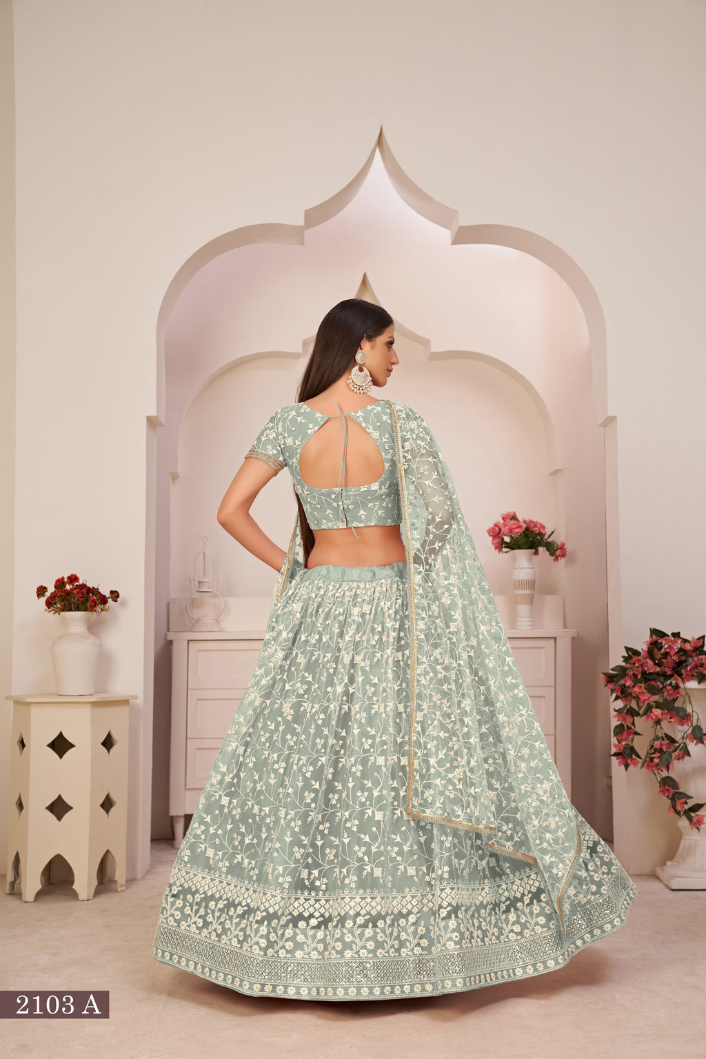 WOMEN'S GREEN BUTTERFLY NET EMBROIDERED THREAD WORK PARTY WEAR LEHENGA CHOLI