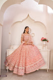 ملابس حفلات العمل النسائية ذات اللون الوردي الفاتح والمطرزة بشبكة على شكل فراشة، LEHENGA CHOLI 